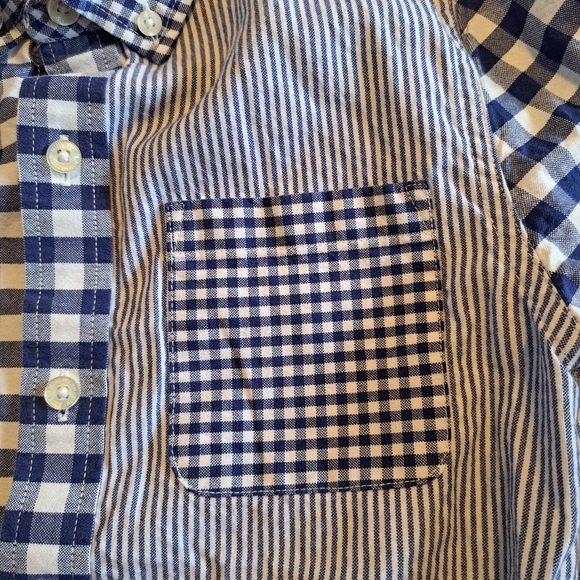 Mini Boden boys gingham & striped button down blue & white shirt, EUC - Picture 4 of 6